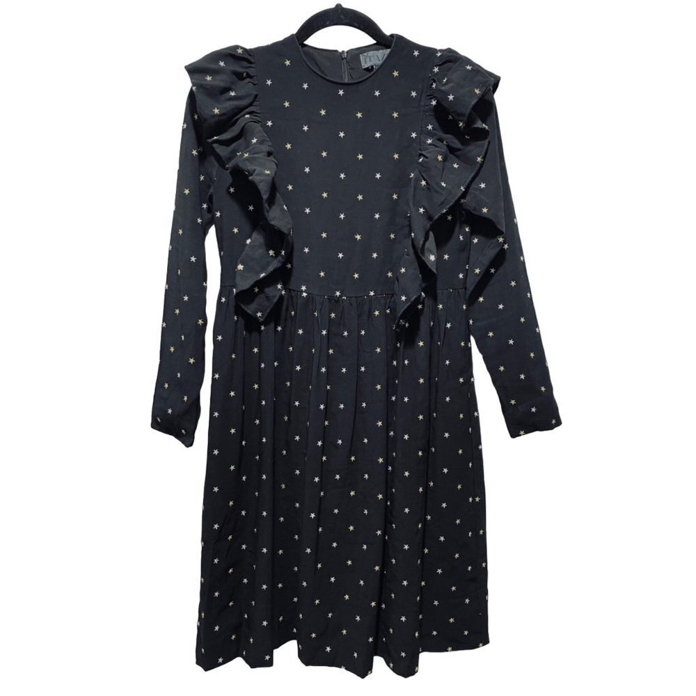 FRAZE Modest Long Sleeve Ruffle Front Girl's Dress Black Stars Size 14